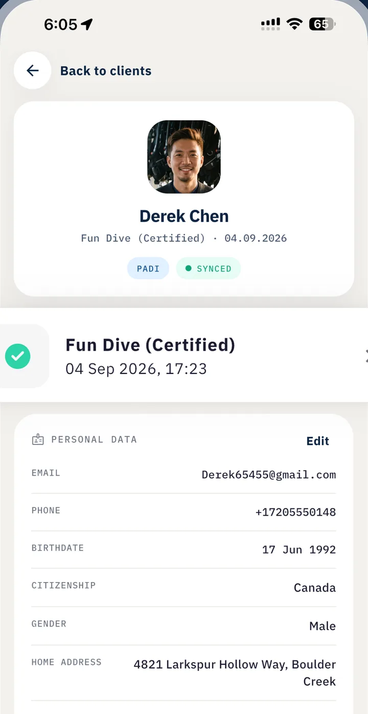 Client card: photo, certification, sync status