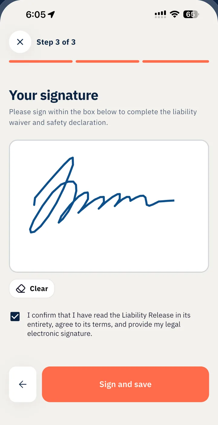 Signature screen: the client signs with a finger